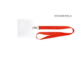 Robuste Ausweishülle KONGRES aus PVC, horizontal ausgerichtet und kombiniert mit rotem Schlüsselband, perfekt als funktionale und personalisierbare Lösung für Messen und Hochschulen. Entdecken Sie das Angebot der AMGS Group.