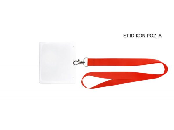 Robuste Ausweishülle KONGRES aus PVC, horizontal ausgerichtet und kombiniert mit rotem Schlüsselband, perfekt als funktionale und personalisierbare Lösung für Messen und Hochschulen. Entdecken Sie das Angebot der AMGS Group.