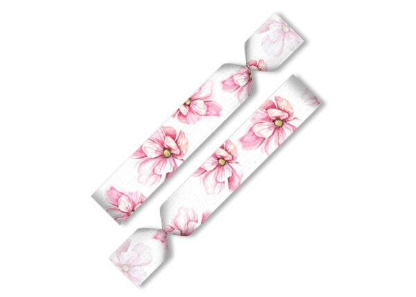 Elegantes weißes Twistband-Haargummi mit zartem Blumenprint, ideal als stilvolles Accessoire und personalisiertes Kundengeschenk. Erhältlich bei AMGS Group.