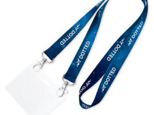 Futuristisches blaues Schlüsselband aus Polyester mit Sternenmuster und doppelter Karabinerbefestigung, perfekt für einen professionellen und auffälligen Markenauftritt. Entdecken Sie das Angebot der AMGS Group.
