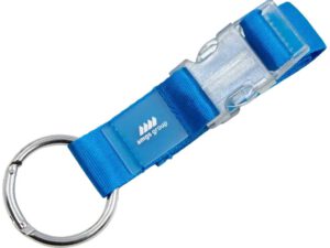 Blaues Schlüsselband mit transparentem Clipverschluss und rundem Ring. AMGS Group.