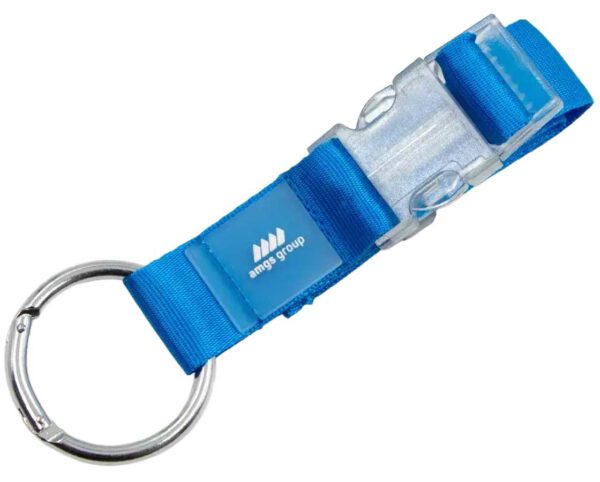 Blaues Schlüsselband mit transparentem Clipverschluss und rundem Ring. AMGS Group.