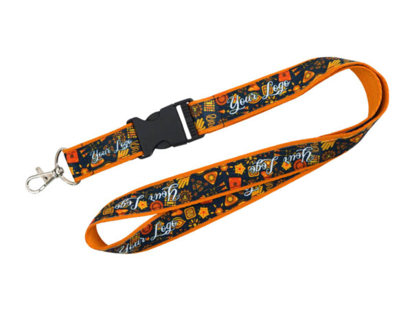 Farbenfroher doppellagiger Lanyard mit lebhaftem Muster und Sicherheitsclip, ideal für individuelle Personalisierung und Events. Erhältlich bei AMGS Group.