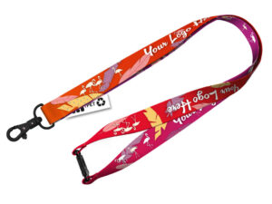 Umweltfreundlicher bunter Lanyard aus rPET mit fantasievollem Muster und Breakaway-Verschluss, perfekt für auffälliges und umweltbewusstes Branding. Entdecken Sie das Angebot der AMGS Group.