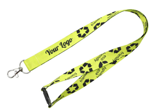 Umweltfreundlicher neongelber Lanyard aus rPET mit "Your Logo"-Bereich und Karabinerhaken, perfekt für Messen und umweltbewusstes Branding. Entdecken Sie das Angebot der AMGS Group.