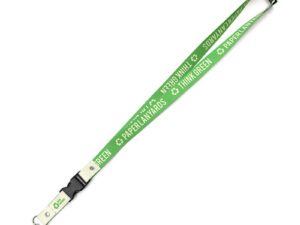 Detailansicht des Breakaway- und Clip-Systems an einem umweltfreundlichen Papier-Schlüsselband – sicheres Werbemittel von AMGS GROUP.