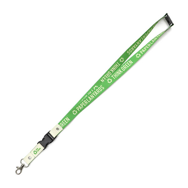 Detailansicht des Breakaway- und Clip-Systems an einem umweltfreundlichen Papier-Schlüsselband – sicheres Werbemittel von AMGS GROUP.