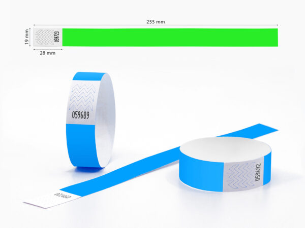 Technische Maße des 19mm Tyvek-Armbands (255mm Länge). Manipulationssicherer Verschluss. Hersteller AMGS Group.