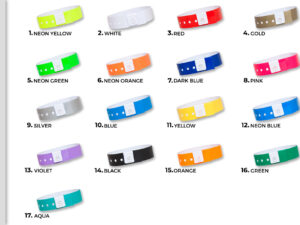 Farbkarte für 19mm Vinyl-Armbänder. Übersicht der 17 verfügbaren Farben für B2B-Identifikationsbänder. Hersteller AMGS Group.