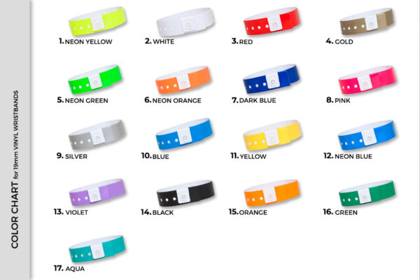 Farbkarte für 19mm Vinyl-Armbänder. Übersicht der 17 verfügbaren Farben für B2B-Identifikationsbänder. Hersteller AMGS Group.