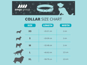 Größentabelle für individuell personalisierte Hundehalsbänder mit Maßen für die Größen XS bis XL.
