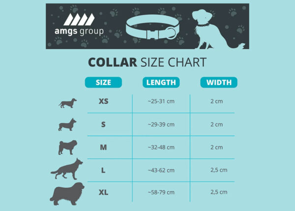 Größentabelle für individuell personalisierte Hundehalsbänder mit Maßen für die Größen XS bis XL.