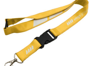 Gelber doppellagiger Lanyard mit Sicherheits- und Clipverschluss, ideal für Events und professionelle Personalisierung. Verfügbar bei AMGS Group.