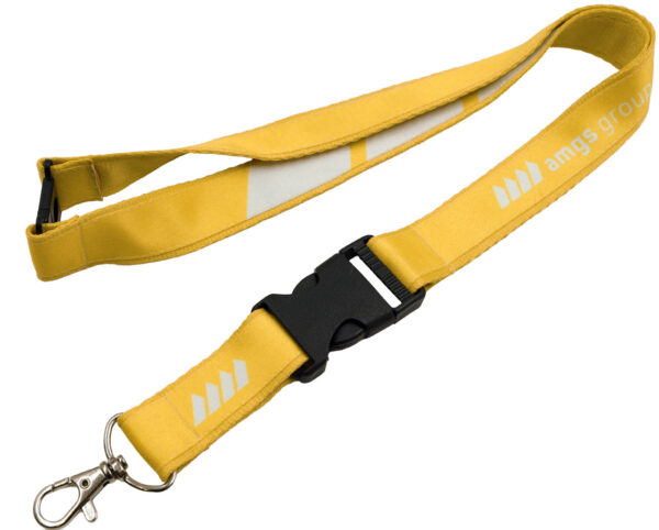 Gelber doppellagiger Lanyard mit Sicherheits- und Clipverschluss, ideal für Events und professionelle Personalisierung. Verfügbar bei AMGS Group.