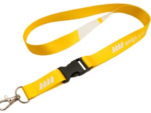 Flexibles sonnengelbes Schlüsselband aus Polyester mit robuster Schnalle, perfekt als personalisiertes Werbegeschenk mit Ihrem Logo. Entdecken Sie das Angebot der AMGS Group.