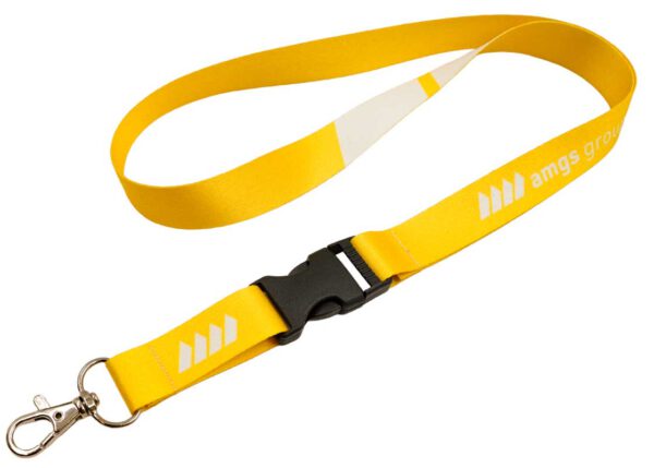 Flexibles sonnengelbes Schlüsselband aus Polyester mit robuster Schnalle, perfekt als personalisiertes Werbegeschenk mit Ihrem Logo. Entdecken Sie das Angebot der AMGS Group.