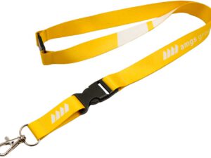 Leuchtend gelber Polyester-Lanyard mit Sicherheitsverschluss und abnehmbarer Schnalle, ideal für dynamische Promotions und eine hohe Sichtbarkeit Ihrer Botschaft. Erhältlich bei AMGS Group.
