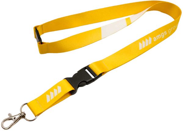 Leuchtend gelber Polyester-Lanyard mit Sicherheitsverschluss und abnehmbarer Schnalle, ideal für dynamische Promotions und eine hohe Sichtbarkeit Ihrer Botschaft. Erhältlich bei AMGS Group.