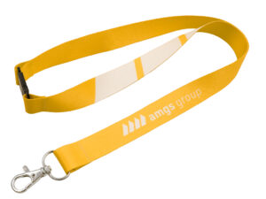 Polyester Schlüsselband mit Sicherheitsverschluss, ideal für den sicheren Einsatz auf Baustellen und Events. Erhältlich bei AMGS Group.