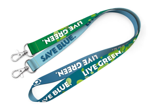 Umweltfreundliches rPET Schlüsselband mit Doppelkarabiner und inspirierenden Slogans, perfekt für nachhaltige Unternehmenskommunikation. Entdecken Sie das Angebot der AMGS Group.
