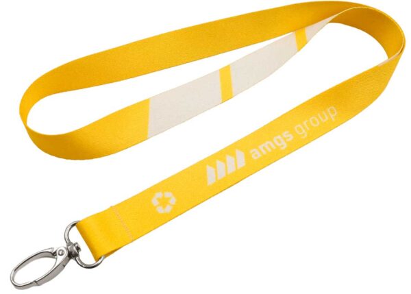 Umweltfreundliches gelbes rPET Schlüsselband mit weißen Streifen, perfekt als personalisiertes und umweltbewusstes Werbegeschenk. Entdecken Sie das Angebot der AMGS Group.