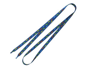 Blaue Schuhbänder mit grün-orangefarbenem Design – individuell bedruckt.