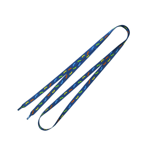 Blaue Schuhbänder mit grün-orangefarbenem Design – individuell bedruckt.