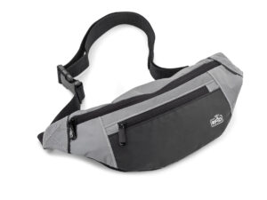 Personalisiertes rPET MARTE Gürteltasche. MARTE Gürteltasche aus rPET, reflektierend, grau, RFID-blockierend, Logo vorne bedruckt.