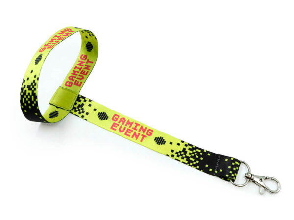 Gelb-schwarzer Lanyard mit Becherhalter für Gaming-Events im Sublimationsdruck.