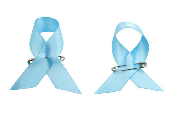 Blaue Satin-Schleife Awareness Pin mit Sicherheitsnadel, doppelseitig, Hersteller AMGS Group.