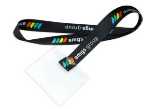 An eco-friendly corporate lanyard made from recycled material, shown with an attached badge holder ready for conference use.