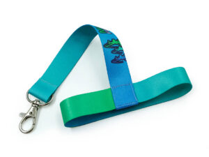 Lanyard mit Becherhalter im grün-blauen Sublimationsdruck.