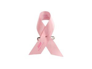 Rosa Satin-Schleife Awareness Pin mit Logo-Druck, doppelseitig, Hersteller AMGS Group.