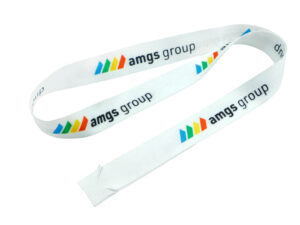 Hakenloses Polyester-Lanyard mit Logo, das durch Schlitze an einem durchsichtigen Ausweishalter befestigt ist.