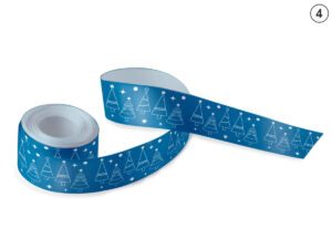 Blaues Sublimationsband mit Wintermuster aus Tannenbäumen und Schneeflocken (Design 1). Ideal für B2B-Weihnachtsgeschenkverpackungen. Hersteller AMGS Group.