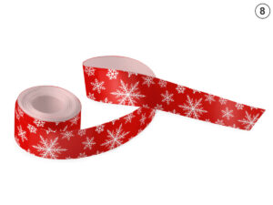 Rotes vollsublimiertes Satinband, weißes Schneeflockenmuster (Design 8). Ideal für elegante Unternehmensgeschenkverpackungen. Hersteller AMGS Group.