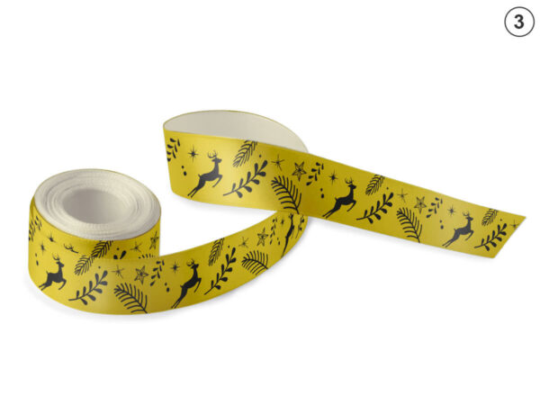 Senfgelbes Satinband mit schwarzem Aufdruck: Rentiere, Zweige und Sterne (Design 3). Einzigartiges Muster für elegante Business-Pakete. Hersteller AMGS Group.
