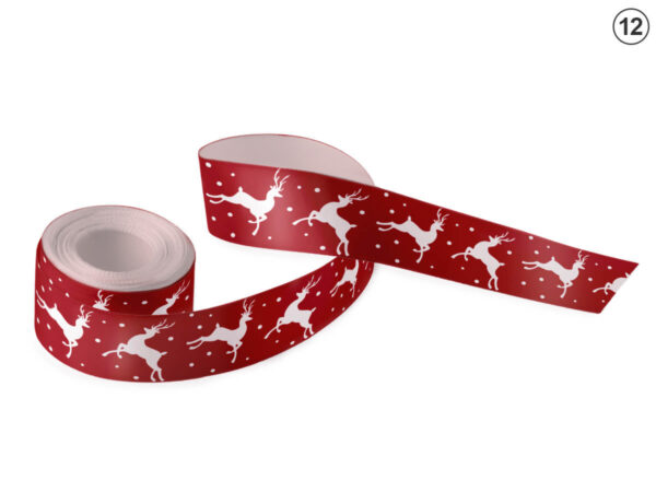 Rotes Satinband mit weißen springenden Rentieren und Punkten (Design 12). Dynamisches, festliches Motiv für Unternehmensverpackungen. Hersteller AMGS Group.